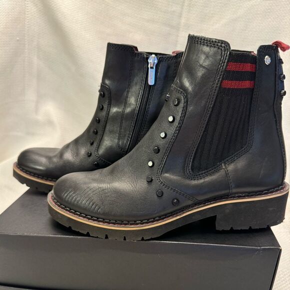 Pikolinos Leatger studded moto heel boots size 6.5 red stitching details biker - Picture 1 of 12